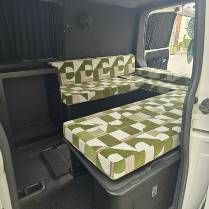 Olive Geometric pattern bespoke campervan cushion seating-Premium green motorhome cushions with abstract modern design-Custom made to measure campervan bed cushion UK-Handcrafted modern motorhome seating and replacement cushions-High quality caravan cushion seating with olive geometric print
