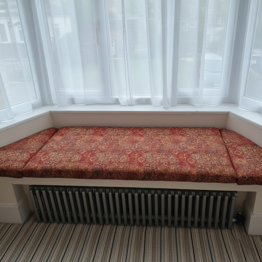 Opulent designer 3-piece angled bay window cushion set for indoor seating