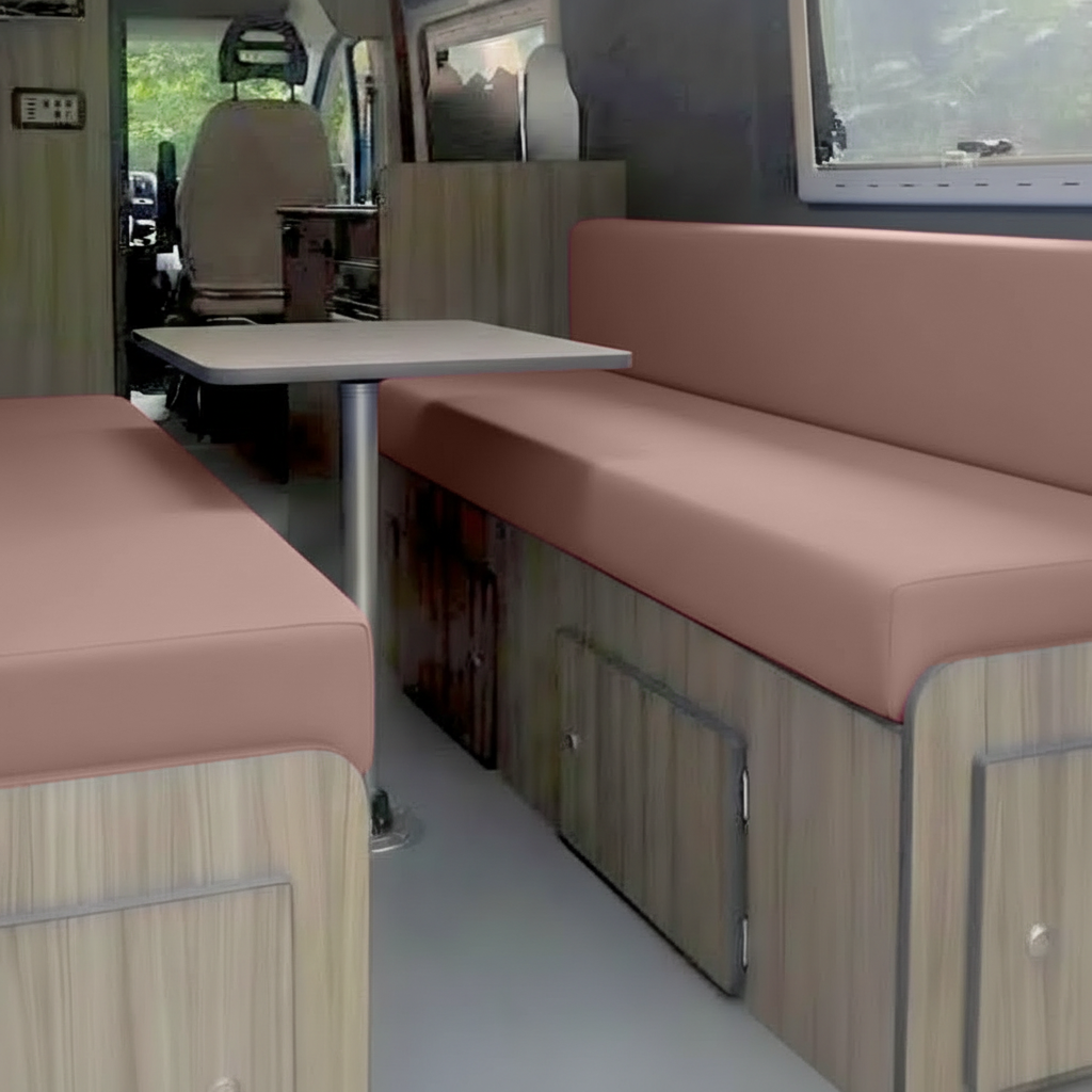 Pink campervan upholstery seating with soft modern finish
