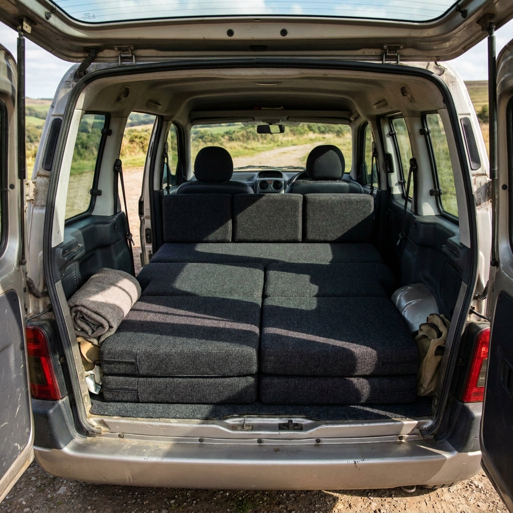 Premium bespoke HR50 foam cushion set designed for Citroën Nemo camper van seating and sleeping comfort