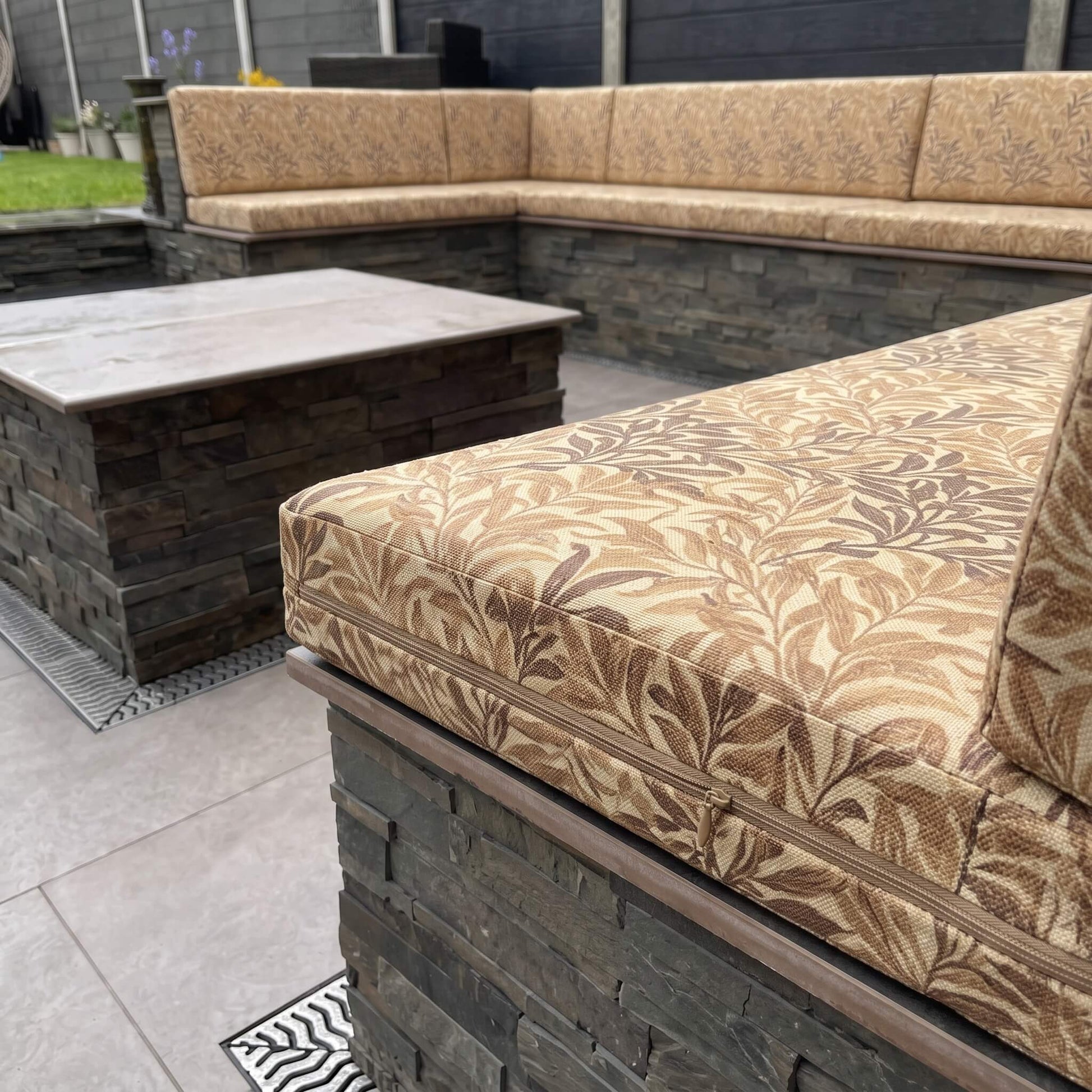 Premium bespoke outdoor seating cushions designed with waterproof canvas fabric for long-lasting patio comfort