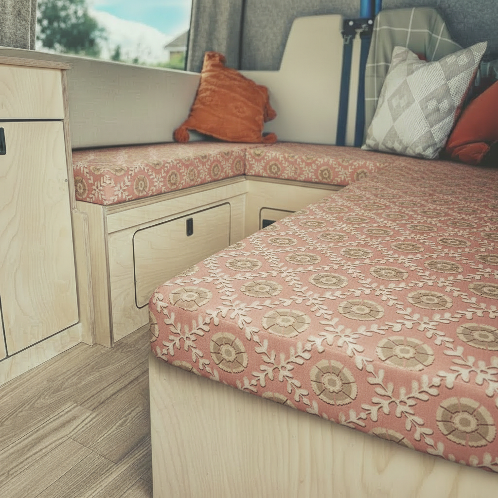Premium campervan cushion seating with dusty pink geometric floral pattern on dinette benches
