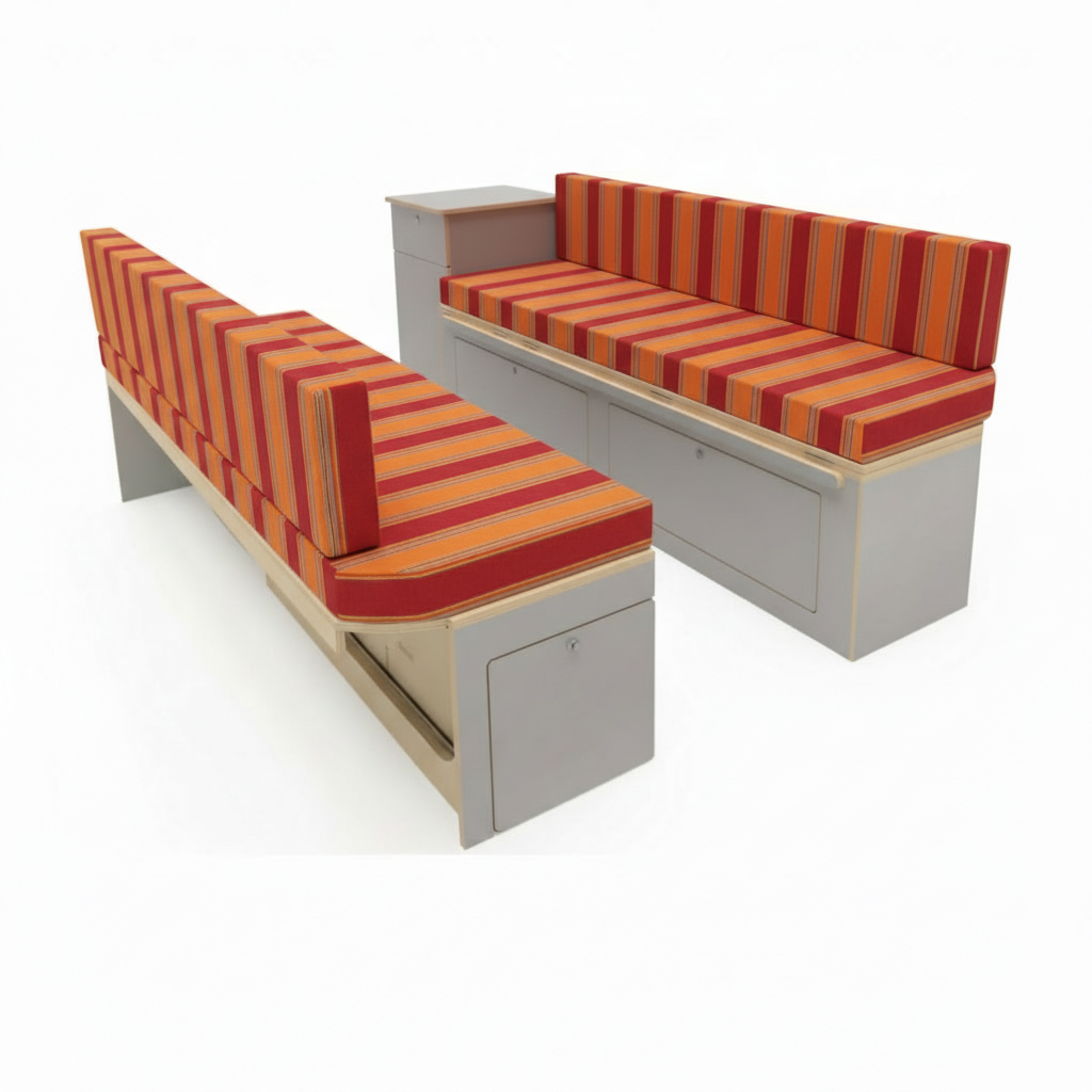 Premium campervan cushion seating with orange and red striped fabric on dinette benches
