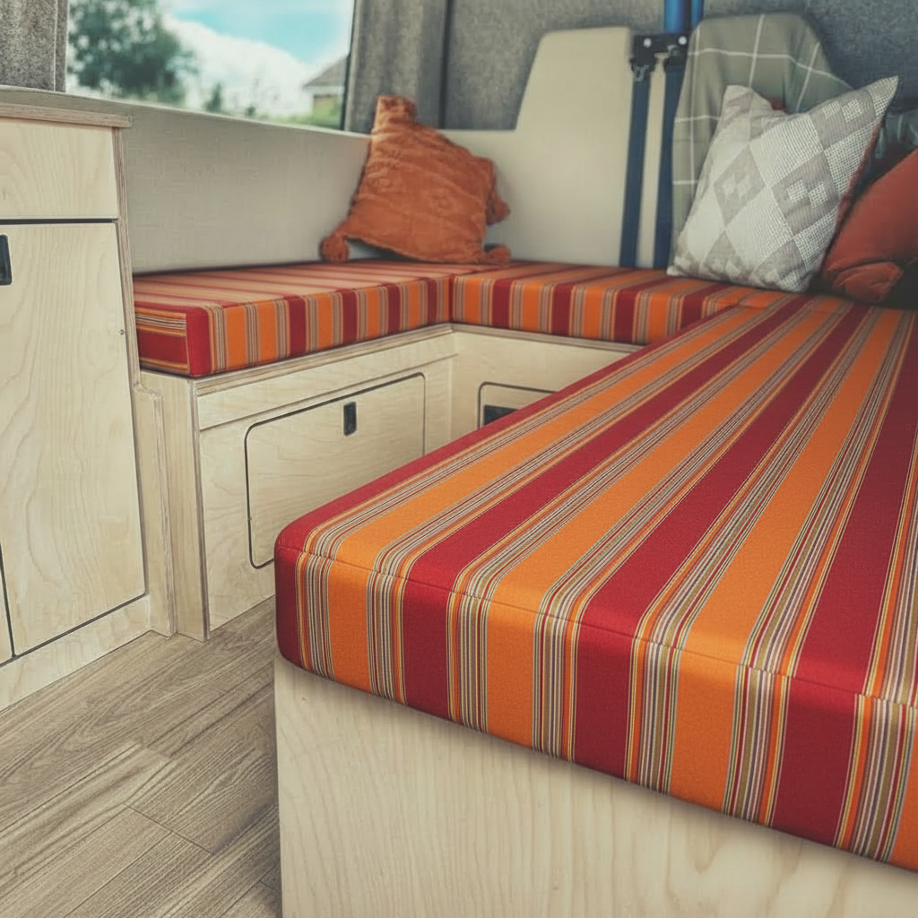 Premium campervan cushion seating with orange and red striped fabric on dinette benches
