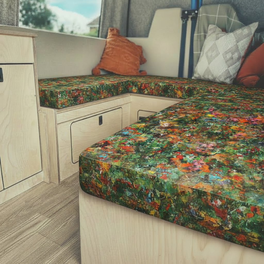 Premium campervan cushion seating with vibrant abstract floral fabric in a van conversion dinette
