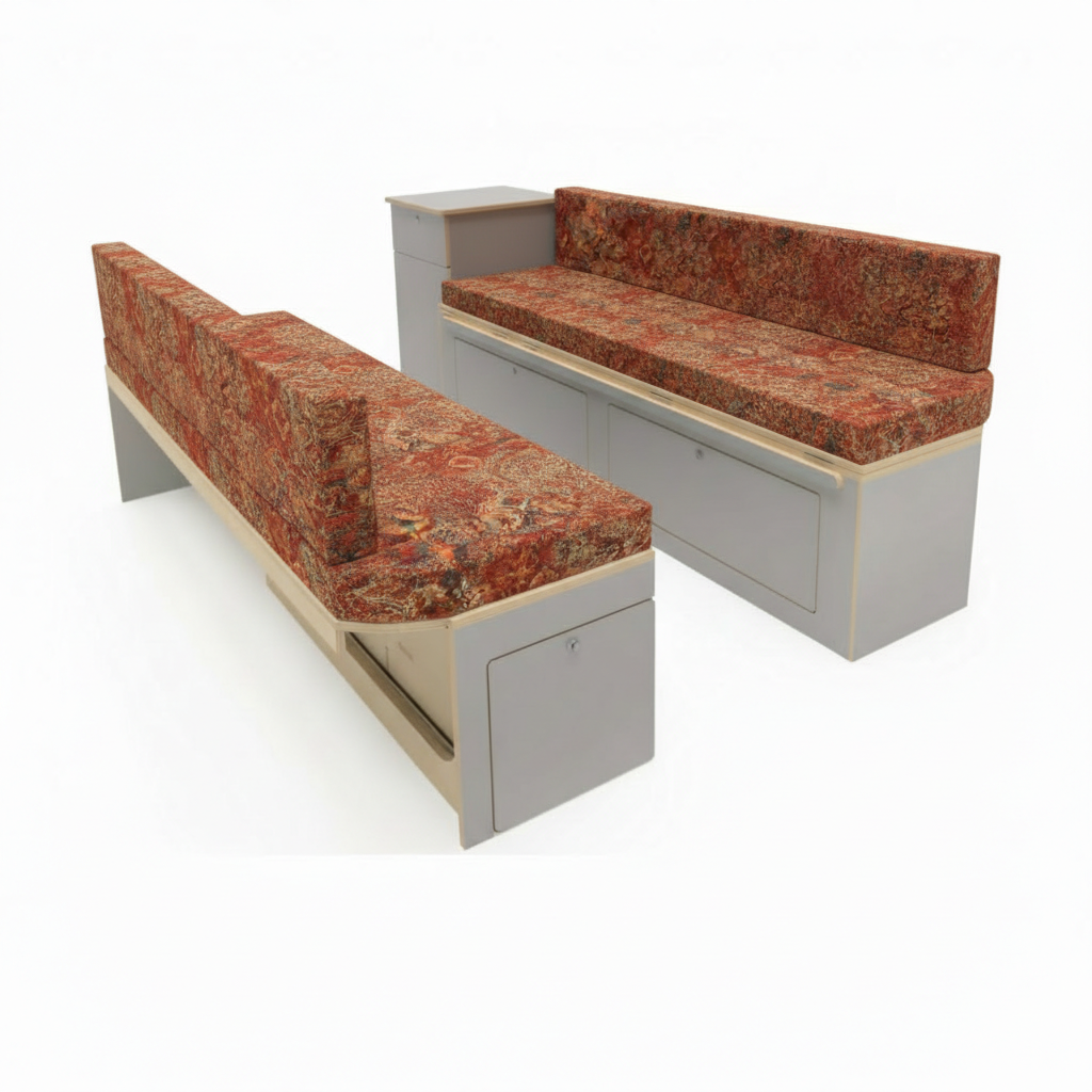 Premium motorhome cushion seating in traditional rust tapestry fabric inside a van conversion
