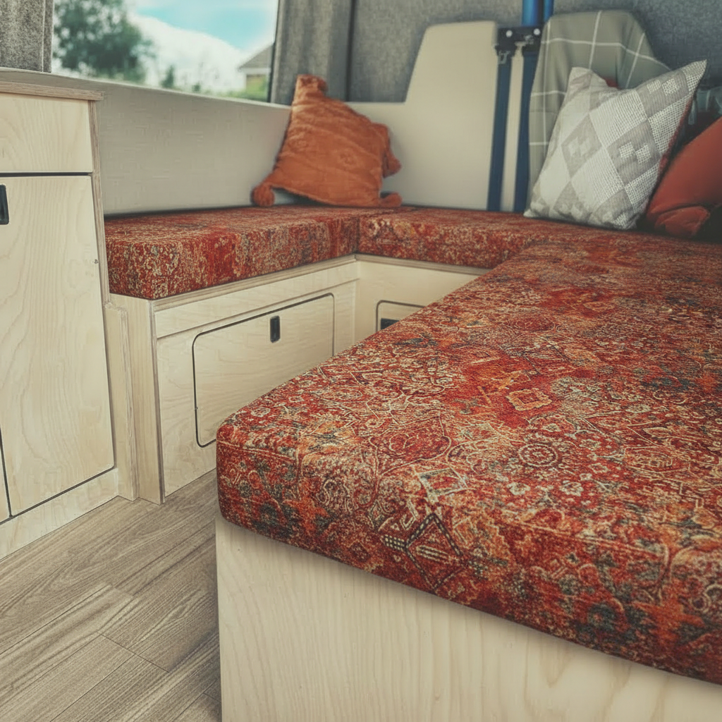 Premium motorhome cushion seating in traditional rust tapestry fabric inside a van conversion
