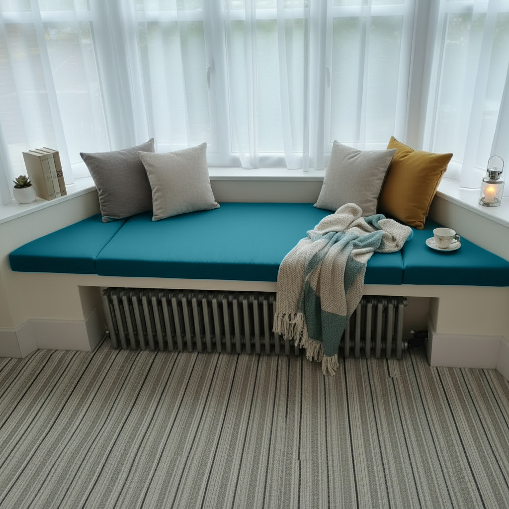 Reading nook featuring plush teal cushions with box edge finish