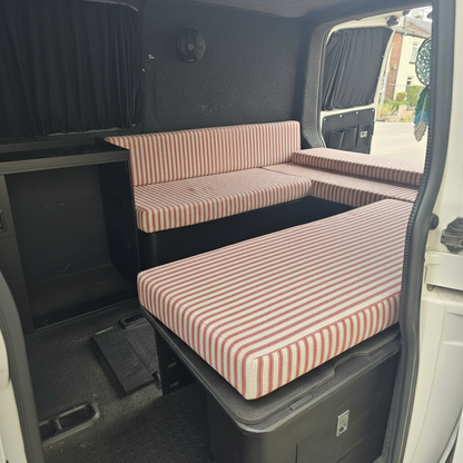 Red Ticking Stripe pattern bespoke campervan cushion seating-Premium red and cream motorhome cushions with pinstripe design-Custom made to measure campervan bed cushion UK-Handcrafted classic motorhome seating and replacement cushions-High quality caravan cushion seating with traditional red stripe print
