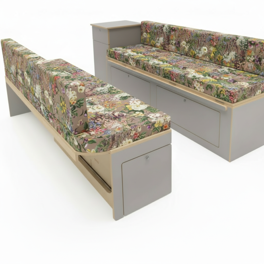Pastel wildflower meadow Campervan cushions in bright interior-English Country Garden Style Upholstery on dining seats-Shabby chic floral motorhome seating with linen texture-High density foam cushions for cottagecore van conversion-Romantic soft floral fabric for leisure vehicles