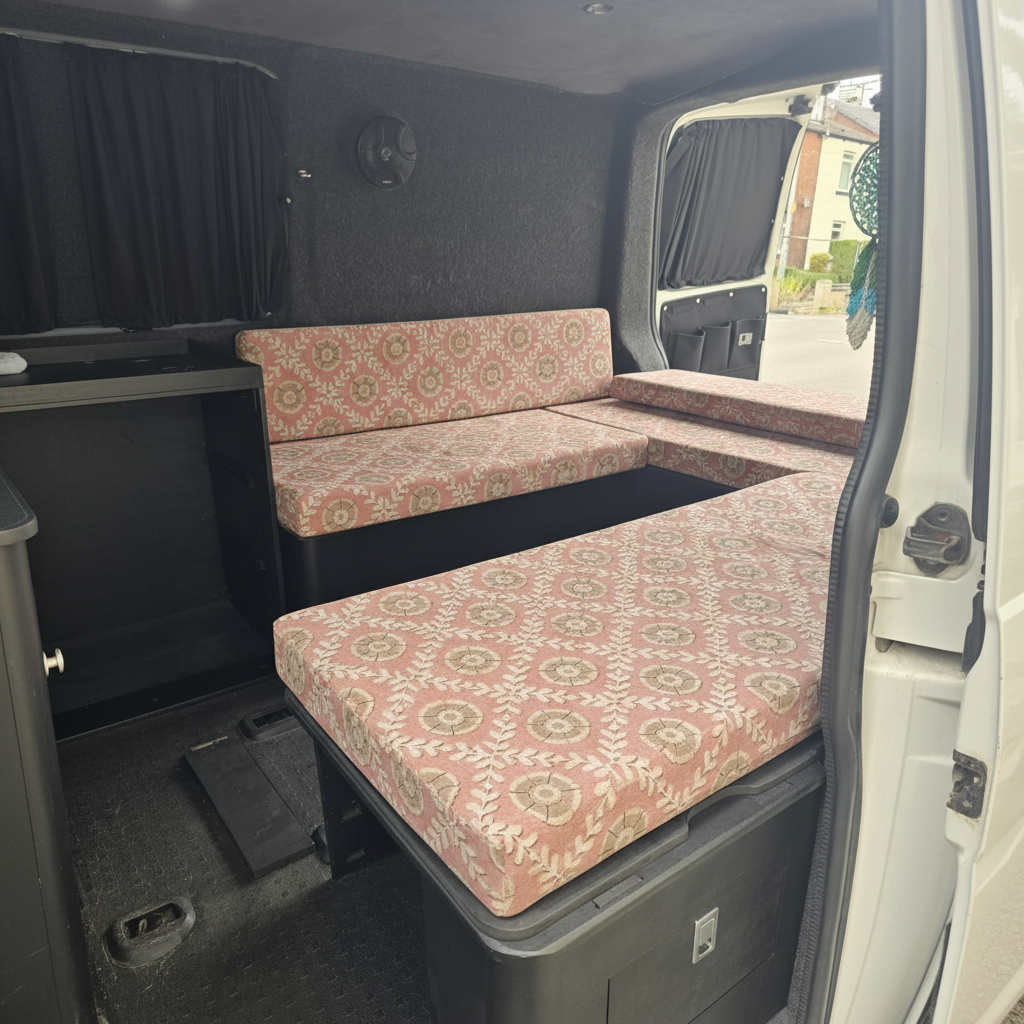 Rose Lattice pattern bespoke campervan cushion seating-Premium dusty pink motorhome cushions with vintage design-Custom made to measure campervan bed cushion UK-Handcrafted rose motorhome seating and replacement cushions-High quality caravan cushion seating with elegant pink pattern
