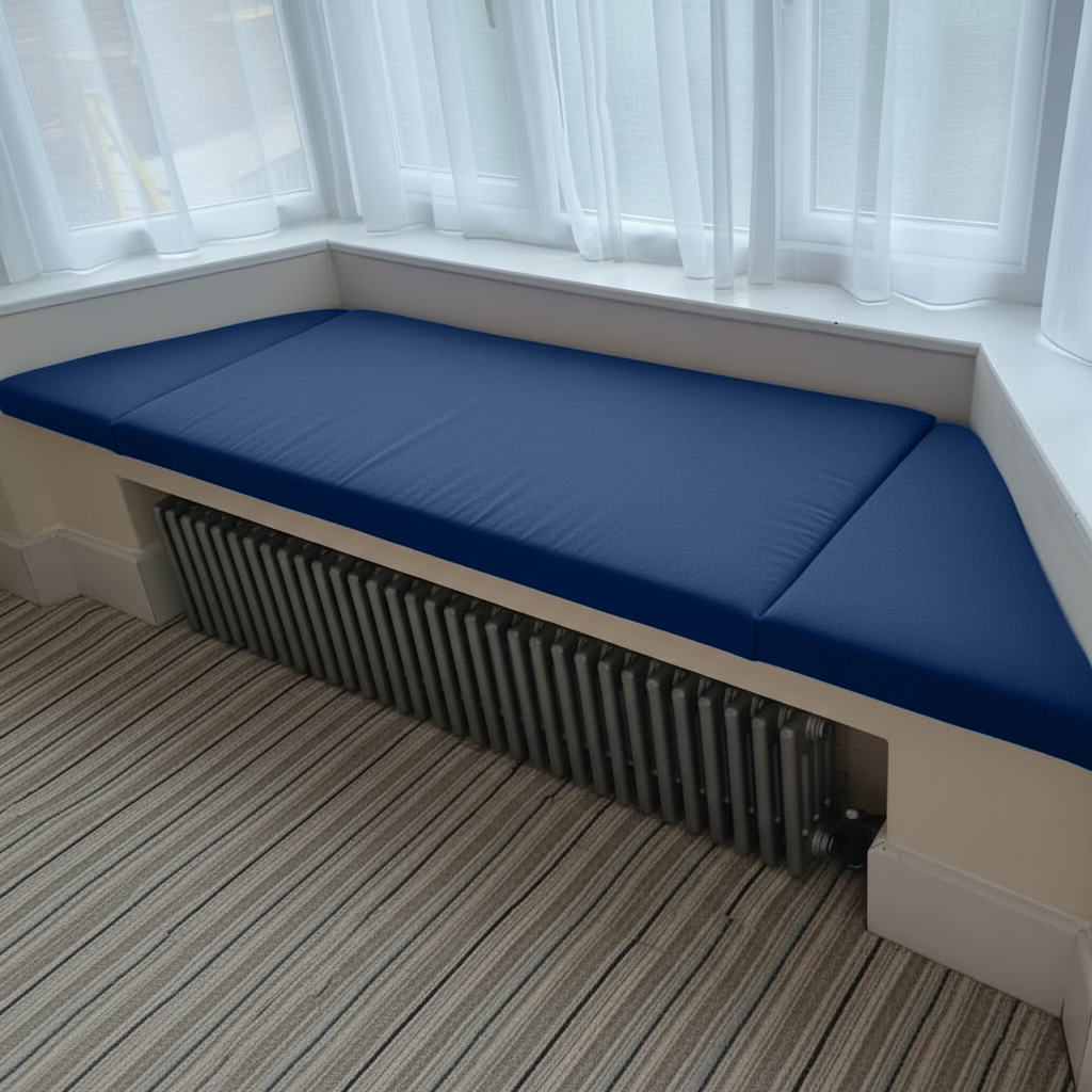 Royle Blue 3 piece bay window cushions fitted to angled bay window

