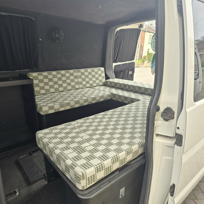 Sage Checkered pattern bespoke campervan cushion seating-Premium sage green motorhome cushions with plaid design-Custom made to measure campervan bed cushion UK-Handcrafted checkered motorhome seating and replacement cushions-High quality caravan cushion seating with classic green plaid print
