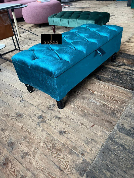 PREMIUM Shiny Turquoise Ottoman Storage | Teal Blue-Green Ottoman Bench