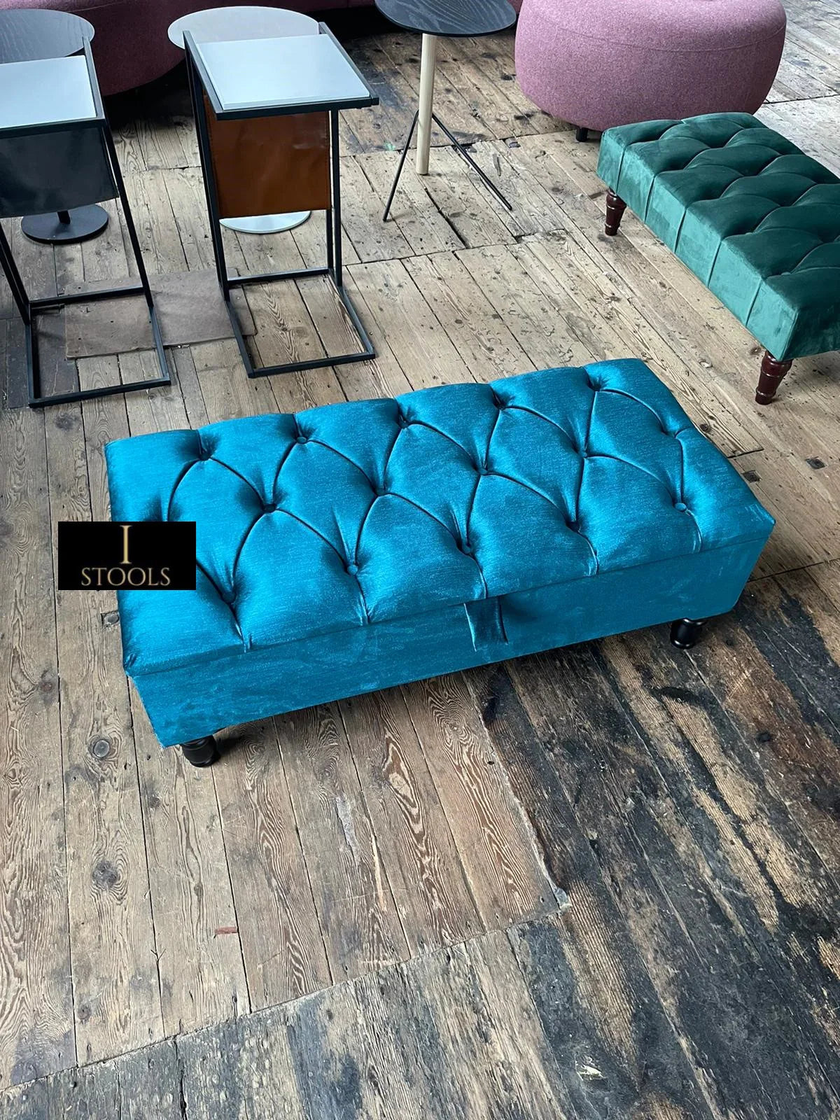 PREMIUM Shiny Turquoise Ottoman Storage | Teal Blue-Green Ottoman Bench