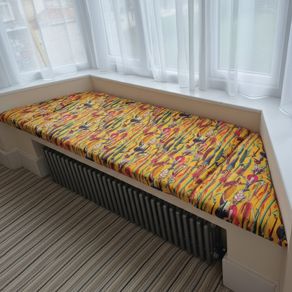 Signature patterned 3-piece angled bay window cushion set for vibrant indoor seating