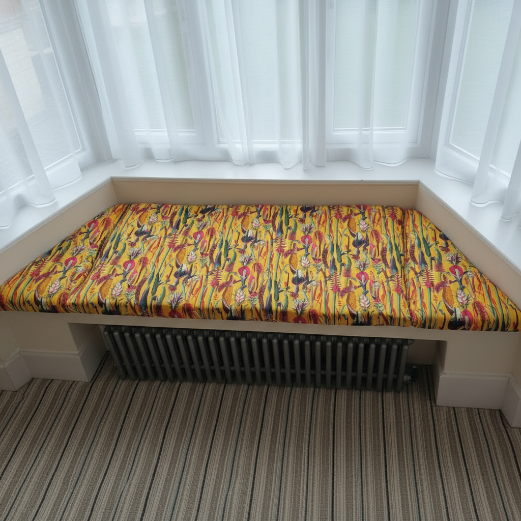 Signature patterned 3-piece angled bay window cushion set for vibrant indoor seating