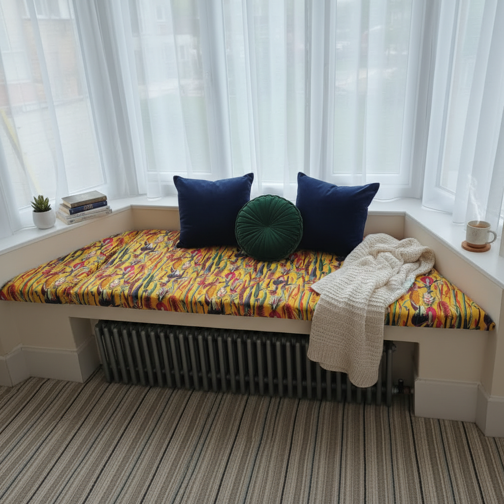 Signature patterned 3-piece angled bay window cushion set for vibrant indoor seating