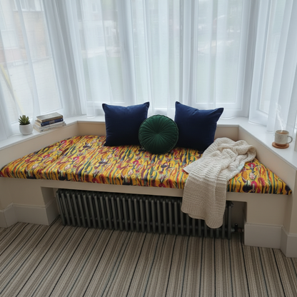 Signature patterned 3-piece angled bay window cushion set for vibrant indoor seating