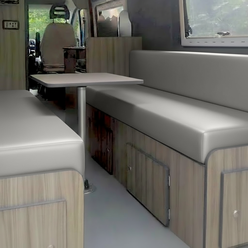 Silver bespoke caravan upholstery cushions with modern interior design
