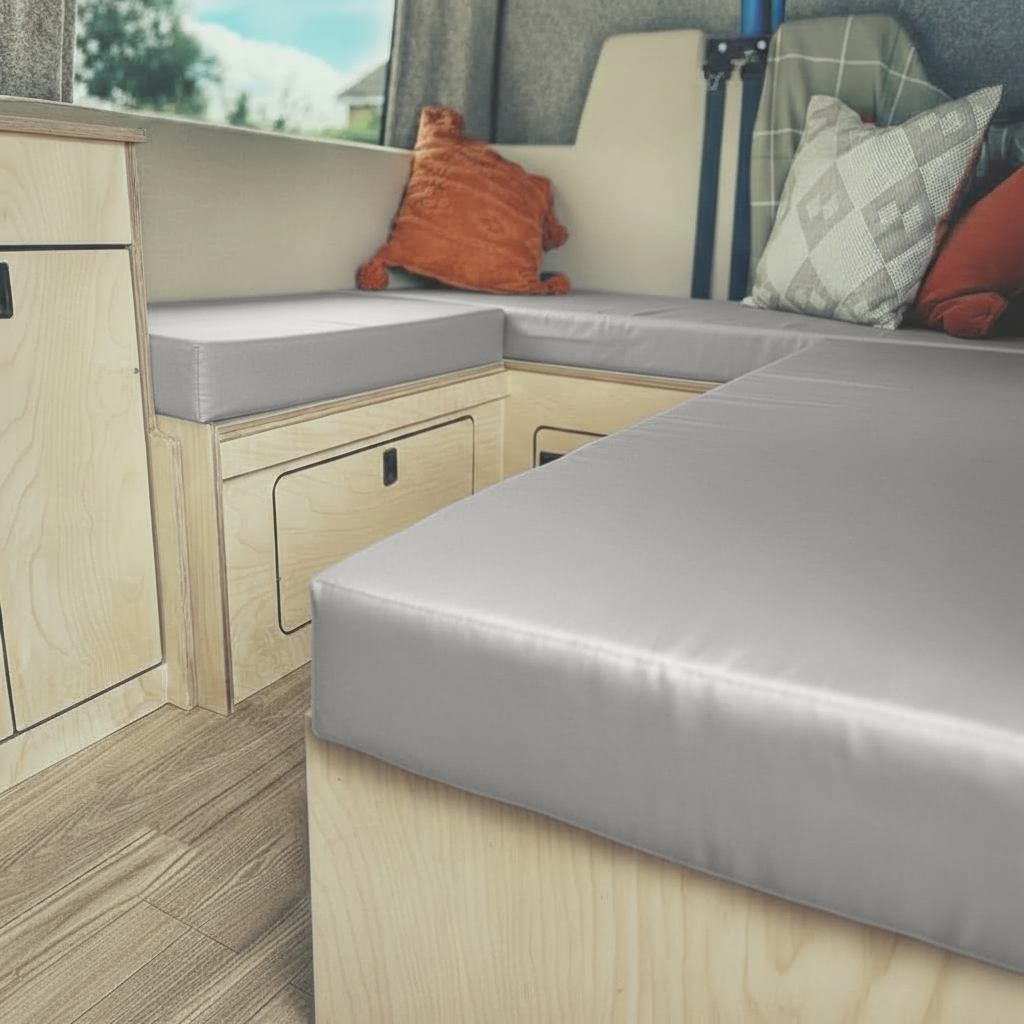 Silver made to measure caravan seating cushions in durable fabric
