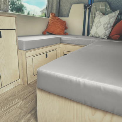 Silver made to measure caravan seating cushions in durable fabric

