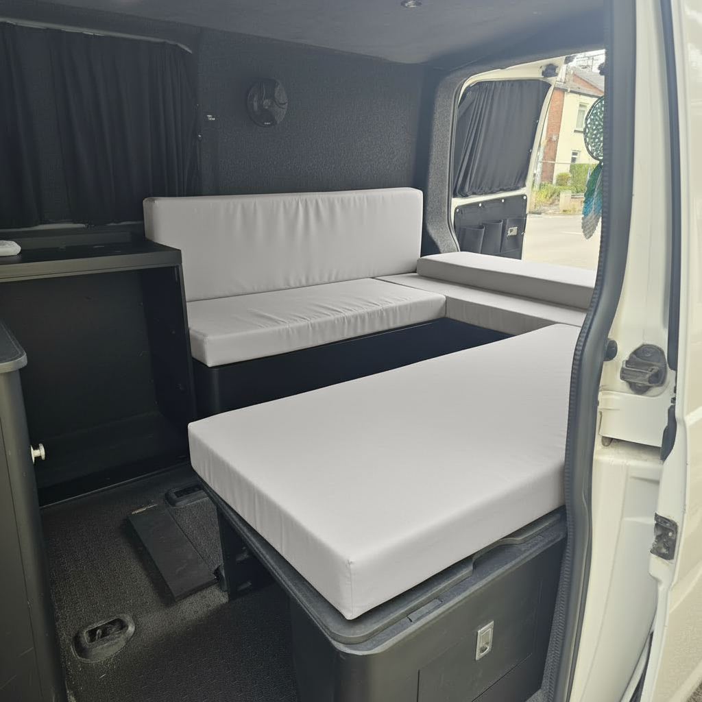 Silver touring caravan seating cushions handcrafted in the UK
