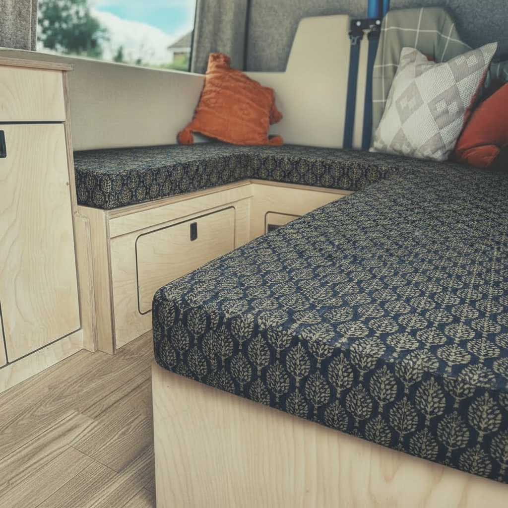Luxury navy blue damask Campervan cushions interior-Elegant Block Print Style Upholstery on dining bench-Deep blue patterned motorhome seating with light wood-High density foam cushions with leaf motif-Sophisticated campervan conversion interior design