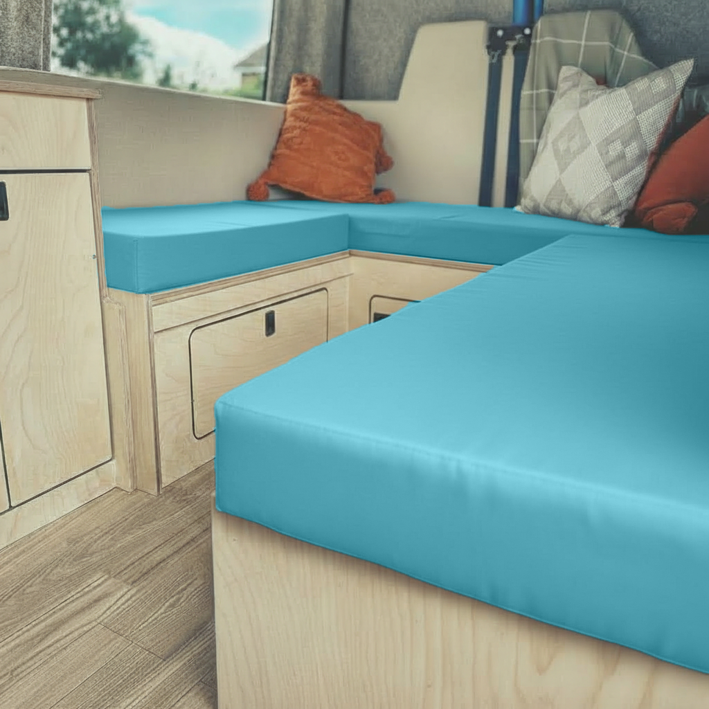 Stylish Teal fabric in campervan conversion seating
