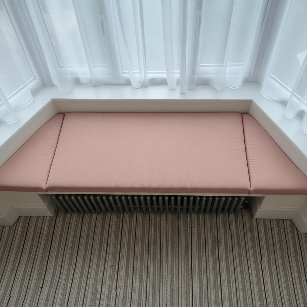 Stylish indoor seating featuring pink trapezoid bench pads
