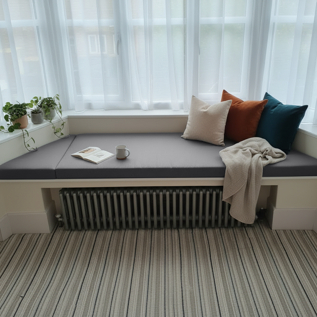 Stylish indoor seating with grey bespoke trapezoid bench pads