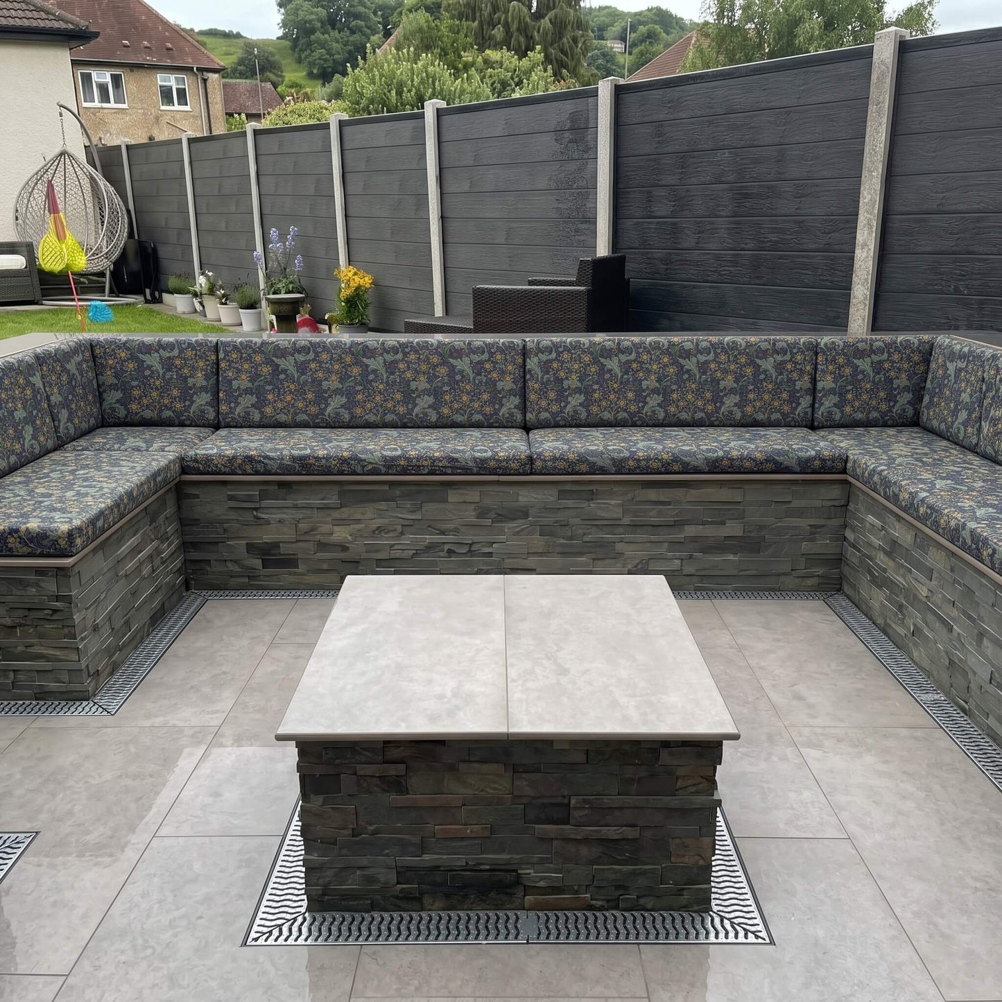 Tailored outdoor seating cushions for garden furniture with long lasting waterproof construction