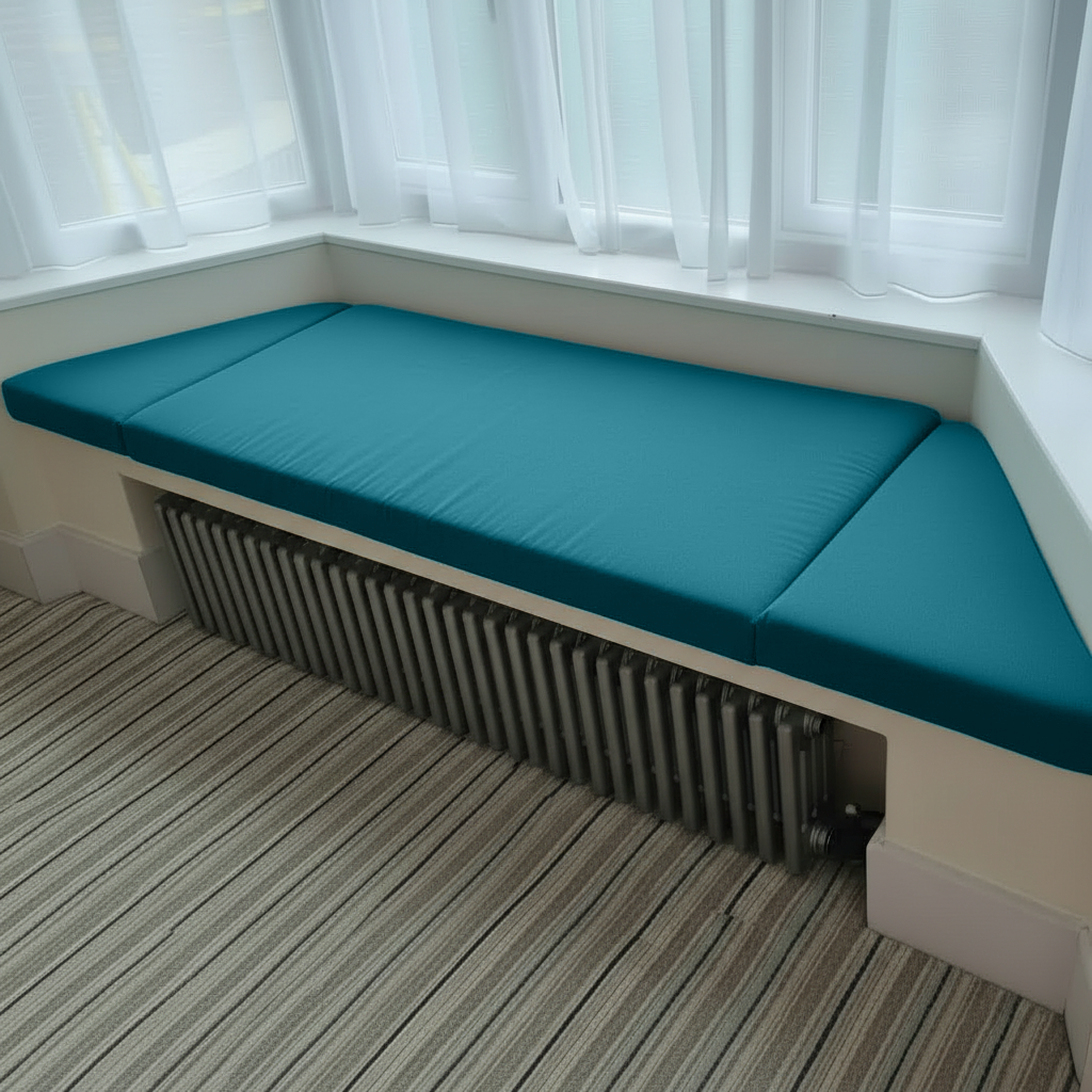 Teal bay window cushions angled perfectly on 3-piece set