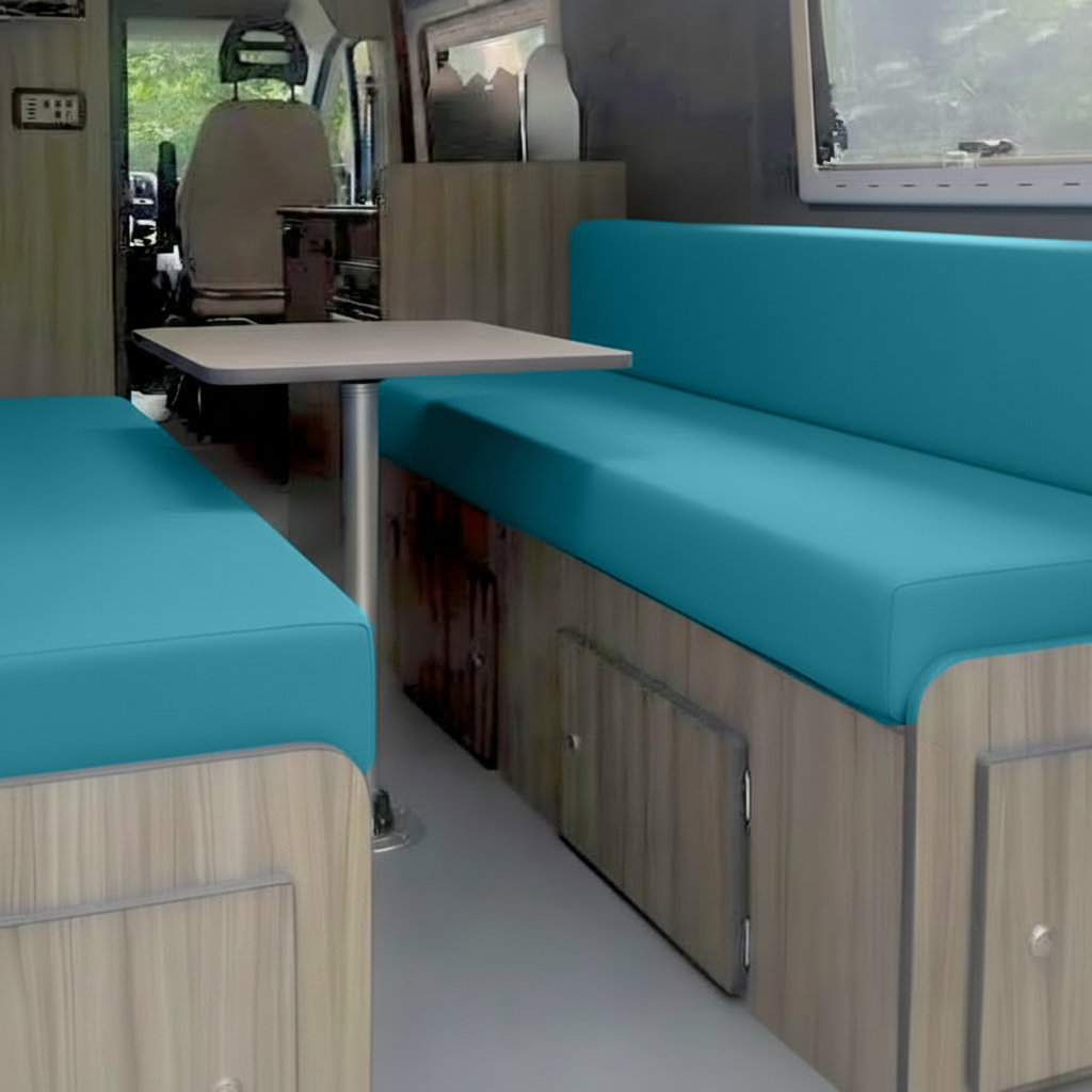 Teal campervan upholstery on bespoke rock and roll bed