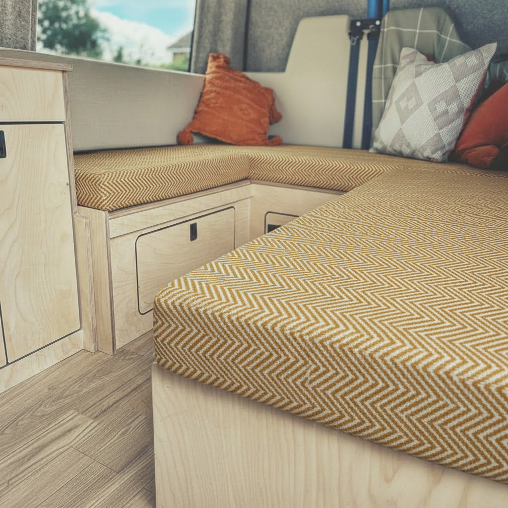 Modern herringbone Campervan cushions in mustard gold-Textured Zig-Zag motorhome seating interior view-Woven fabric detail of Scandi style van upholstery-High density foam with geometric chevron pattern-Contemporary camper conversion with gold zig zag seats