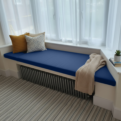 Trapezoid bench pads in Royle Blue for indoor seating area
