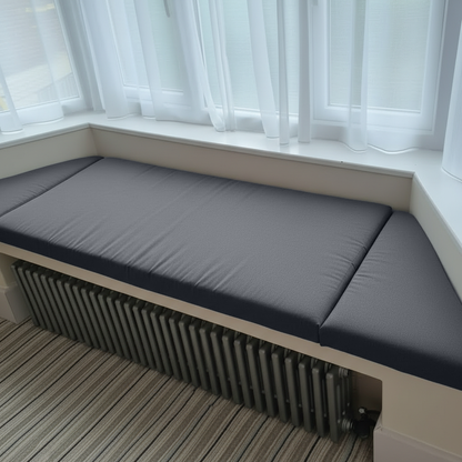 Trapezoid bench pads styled in a contemporary living room