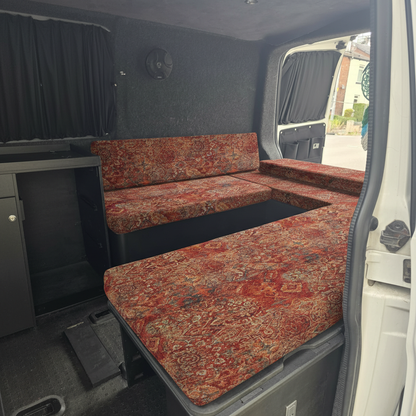 Vintage Persian pattern bespoke campervan cushion seating-Premium motorhome upholstery cushions with oriental rug design-Custom made to measure campervan bed cushion UK-Handcrafted traditional motorhome seating and replacement cushions-High quality caravan cushion seating with intricate red pattern
