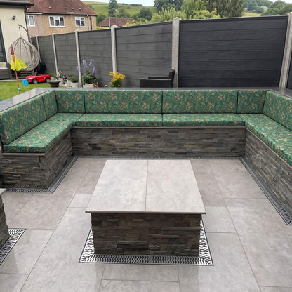 Waterproof outdoor furniture cushions with tailored fit, premium foam filling, and contemporary garden seating design
