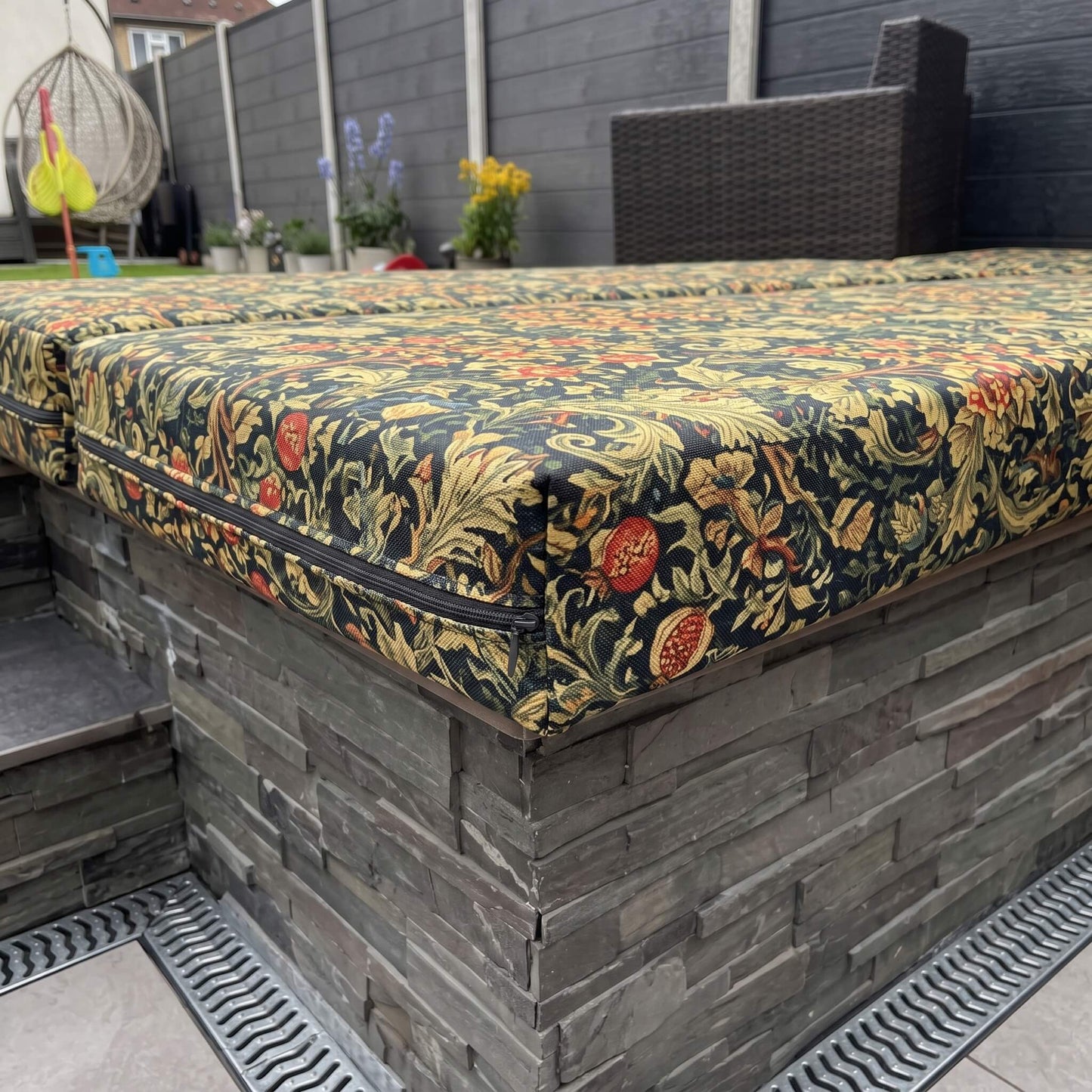 Waterproof outdoor garden cushions designed for bespoke seating with durable canvas fabric and custom fit comfort