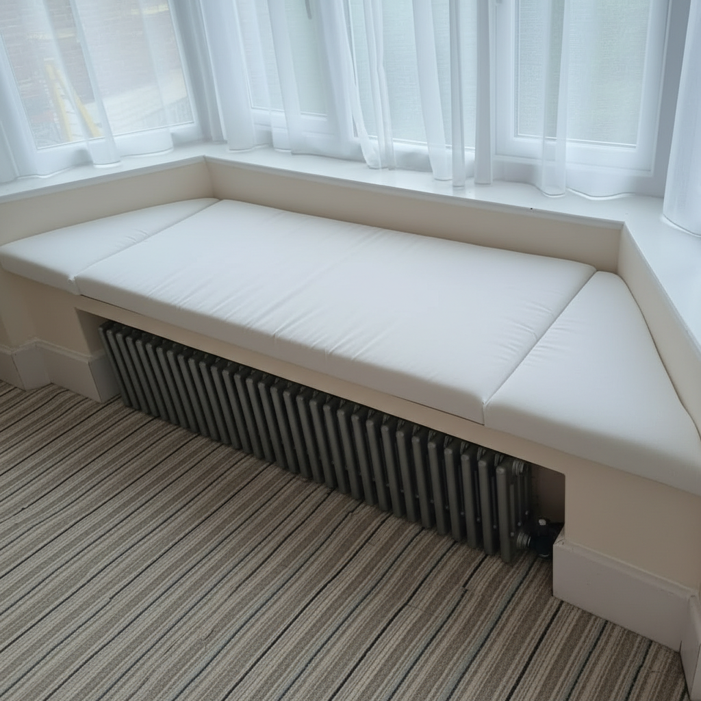 White bay window cushions angled view
