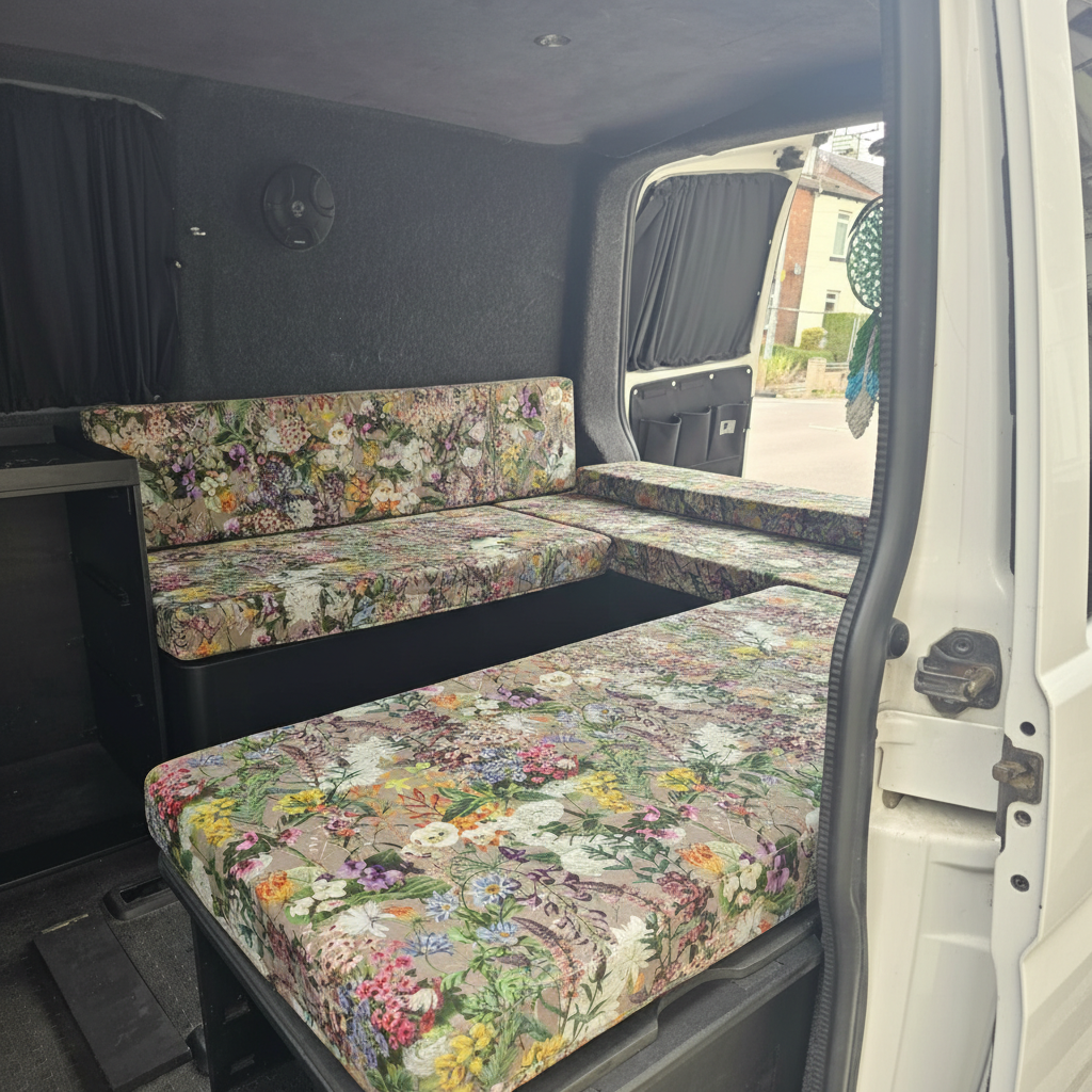 Wildflower Meadow pattern bespoke campervan cushion seating-Premium floral motorhome cushions with botanical design-Custom made to measure campervan bed cushion UK-Handcrafted wildflower motorhome seating and replacement cushions-High quality caravan cushion seating with vibrant meadow print
