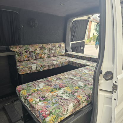 Wildflower Meadow pattern bespoke campervan cushion seating-Premium floral motorhome cushions with botanical design-Custom made to measure campervan bed cushion UK-Handcrafted wildflower motorhome seating and replacement cushions-High quality caravan cushion seating with vibrant meadow print
