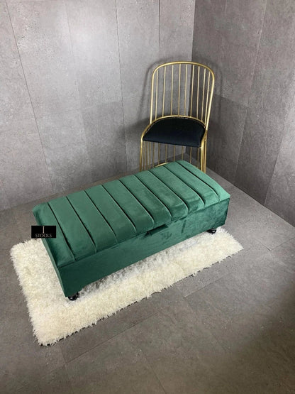 Green Storage Box | Velvet Green Pouffe Bench | Green Velvet Footstool