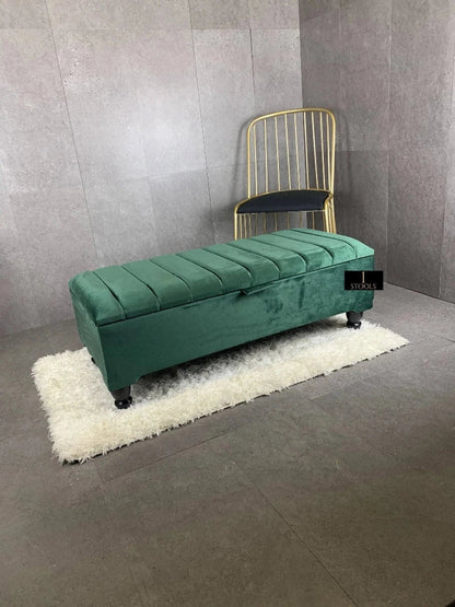 Green Storage Box | Velvet Green Pouffe Bench | Green Velvet Footstool