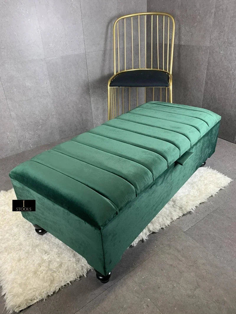Green Storage Box | Velvet Green Pouffe Bench | Green Velvet Footstool