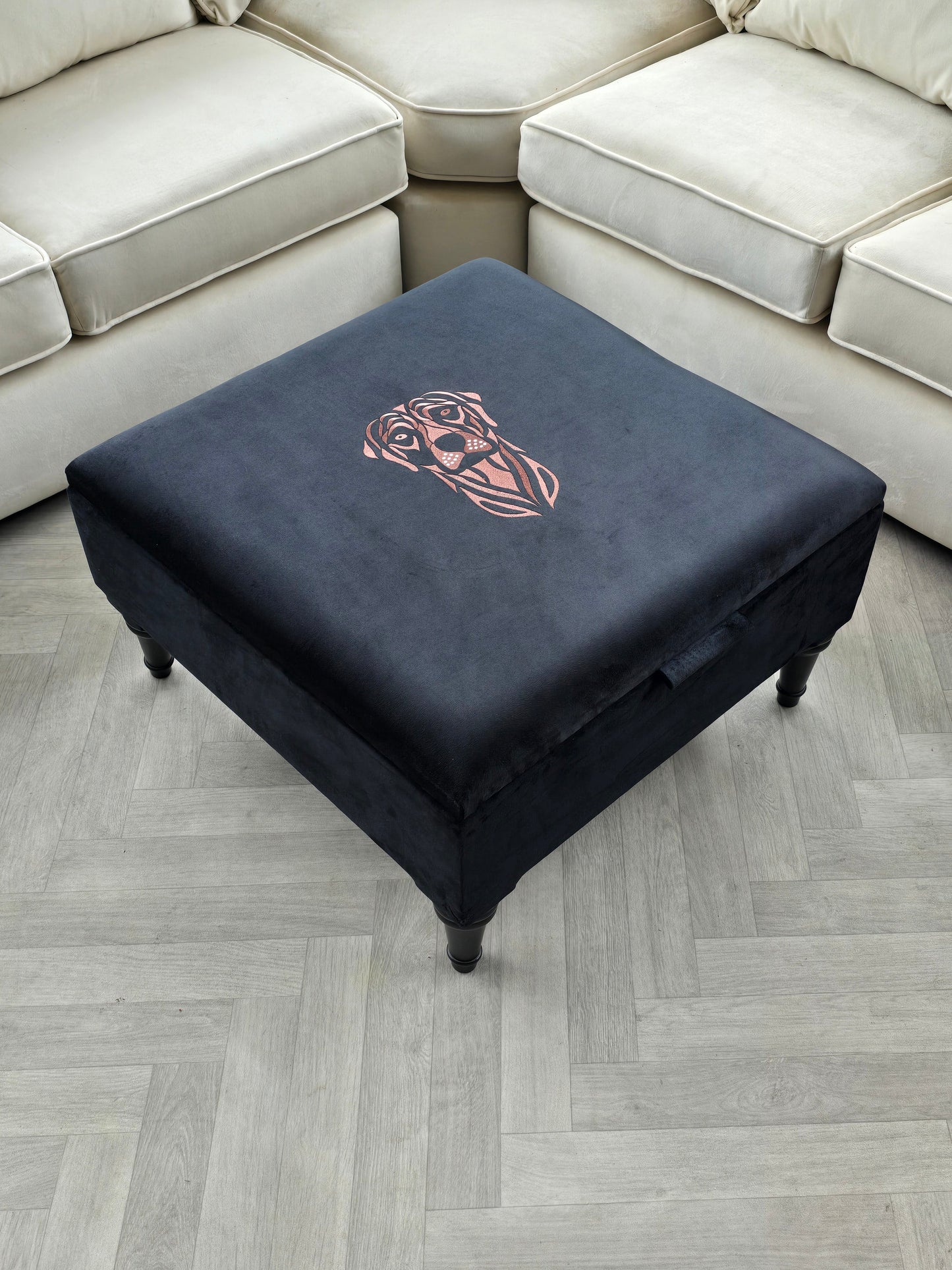 Square Labrador premium embroidered black velvet soft luxurious storage coffee table