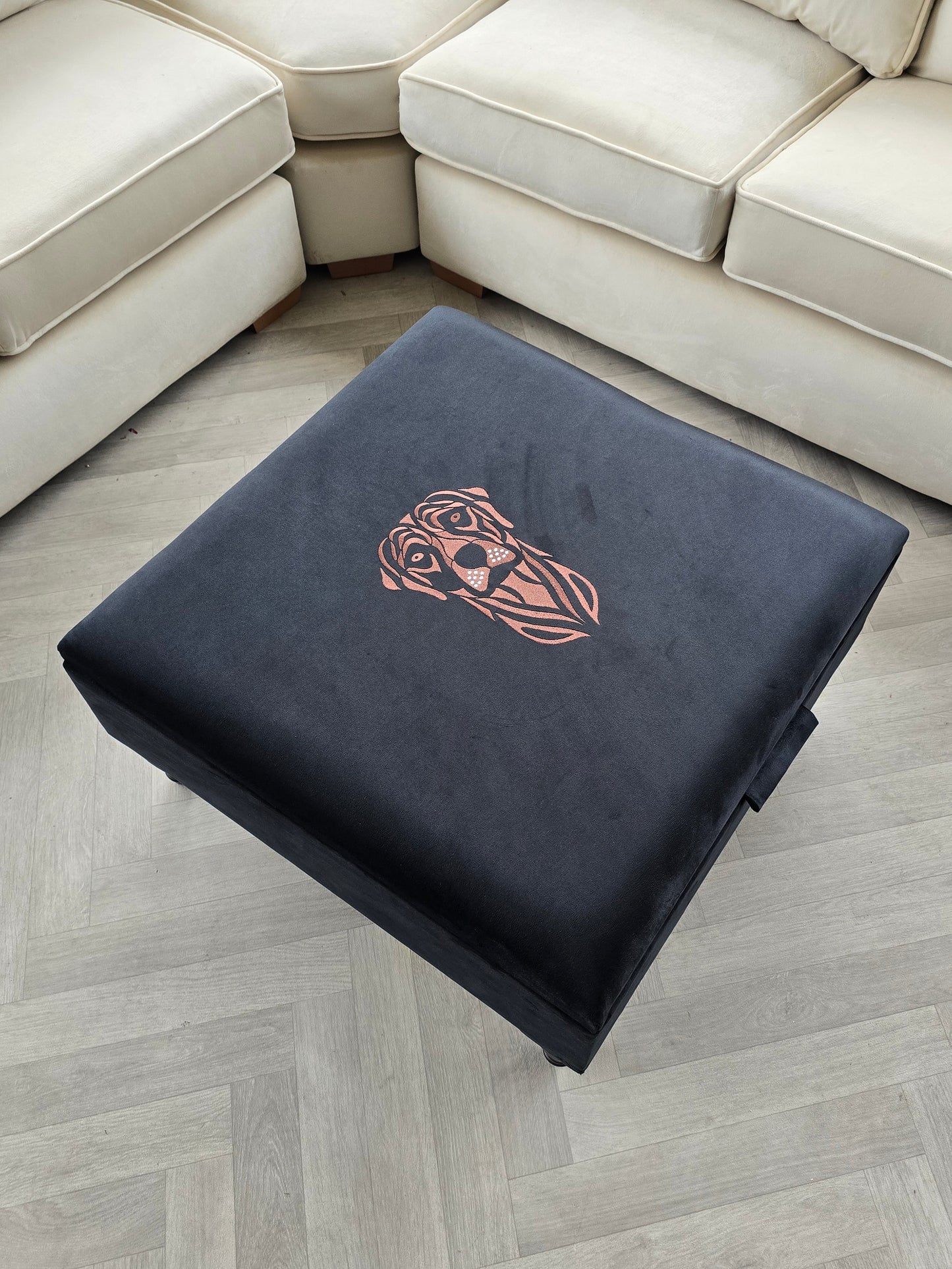 Square Labrador premium embroidered black velvet soft luxurious storage coffee table