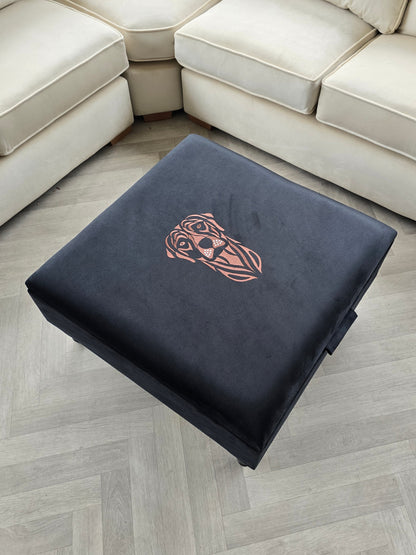 Square Labrador premium embroidered black velvet soft luxurious storage coffee table