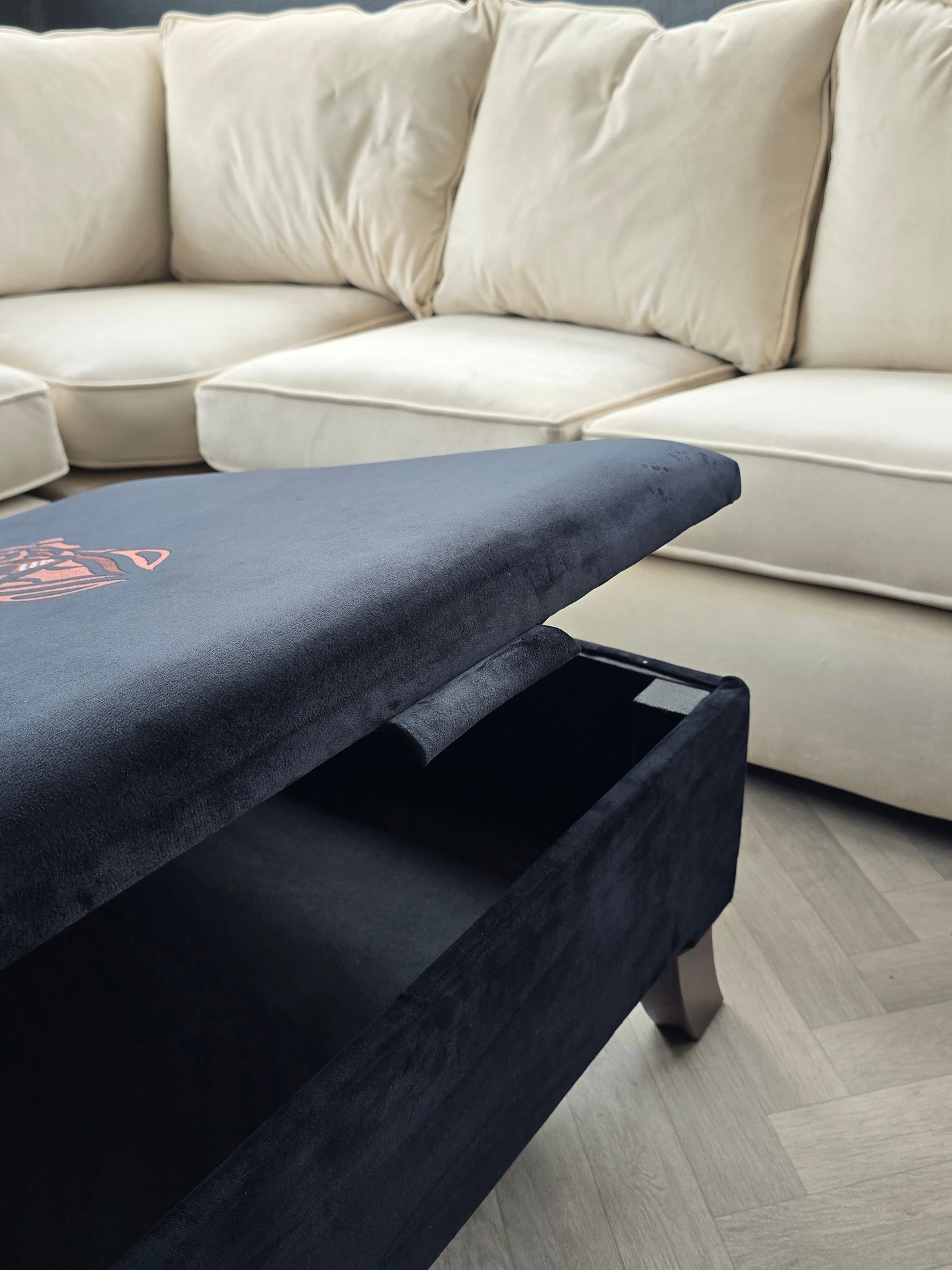 Square Labrador premium embroidered black velvet soft luxurious storage coffee table